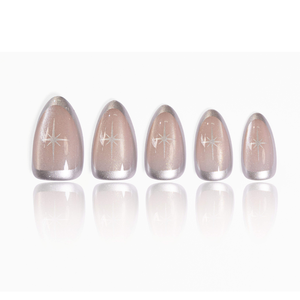 Uñas Postizas Francesas Color Nude en Forma de Almendra, Acabado Brillante Medio Personalizado, Detalle Dorado, Uñas ABS OEM/ODM, 24 Piezas - Product Image 1
