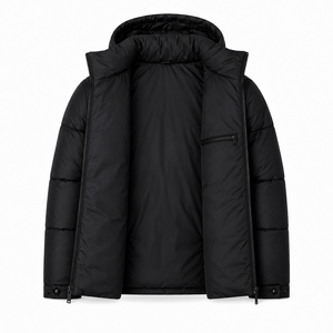 Blouson matelassé réfléchissant en toile épaisse avec capuche, poches longues zippées, poignets ajustables, doublure noire, larges bavettes, pour l'hiver et l'extérieur - Product Image 5