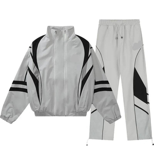 <b>Men's</b> Black Gray Color Blocking Sporty Track Suit Set Stand Collar Zipper <b>Jacket</b> Pants Breathable Polyester Autumn Wear - Product Image 3