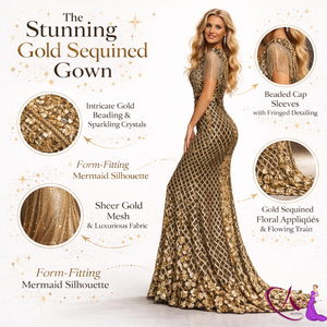 Vestido de Noche de Lujo con Adornos Dorados para Mujer |   Vestido Elegante para Fiesta |   Traje Formal de Diseñador |   Look para Bodas y Galas - Product Image 5