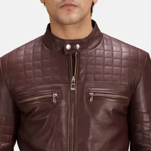 Chaqueta de Cuero Acolchada Color Granate para Hombre Urbane, Cuello Alto, Cierre de Cremallera, Corte Ajustado, para Invierno - Product Image 4