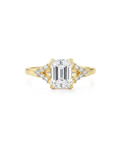 Bague de mariée vintage en or massif 9K 10K 14K 18K avec diamant de laboratoire taille émeraude certifié IGI et pierres latérales baguette - Product Image 1