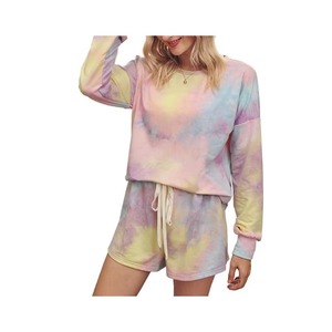 Conjunto de Top de Manga Larga y Pantalones Cortos Tie Dye para Mujer, Cuello Redondo, Cordón Ajustable, Ropa Casual para Estar en Casa, Color Degradado Rosa y Amarillo, Algodón, Verano - Product Image 5
