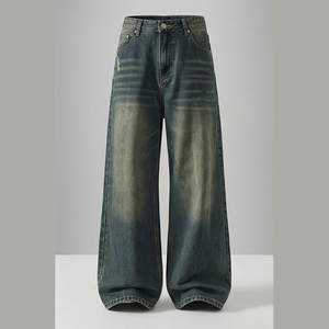 Jean en denim délavé coupe droite taille haute pour homme, coupe régulière, en coton, décontracté, avec fermetures éclair, style automne-hiver-été - Product Image 1