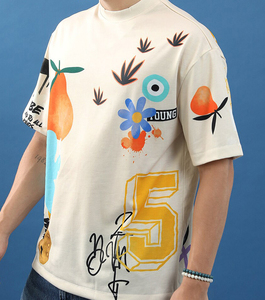 T-shirt à manches courtes en coton personnalisé pour homme avec motif de fruits et de fleurs peints, col rond, coupe classique, style décontracté - Product Image 4