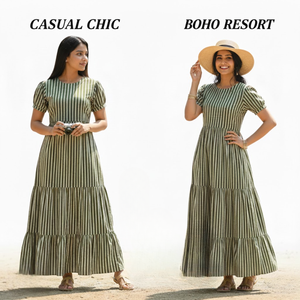 Vestido Premium Hecho a Mano de Algodón a Rayas con Volantes, Cuello Redondo, Mangas Abullonadas, Panel Maxi, Ropa Casual para Mujer, Obra Maestra de Lujo - Product Image 5