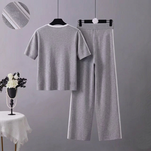 Conjunto de Dos Piezas para Mujer, Top de Manga Corta con Cuello de Lazo, Tejido de Viscosa/Poliéster, Pantalones Anchos hasta la Rodilla, para Uso Diario - Product Image 4