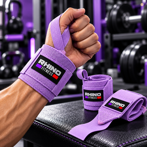 Bandes de maintien pour poignets Rhino Fitness en coton violet avec boucle pour le pouce et fermeture auto-agrippante pour la main gauche, soutien pour la musculation en salle de sport - Product Image 2