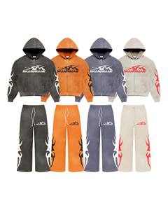 Multi Color Flame Cropped <b>Zip</b> Hoodie Wide Pants Set | Oversized Streetwear Matching Set OEM Private Label Manufacturer - Product Image 1