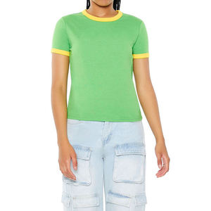T-shirt court vert à col rond et manches courtes pour femme, couleur unie, décontracté, en jersey tricoté 100% coton, coupe classique, printemps-été - Product Image 2