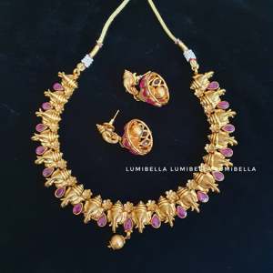 Lord Ganesha Designer Pearl Short Necklace Set with Jhumki Earrings for Bridal - Product Image 1