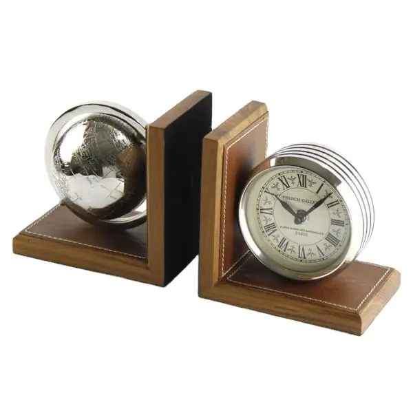 Aluminum Globe Clock Bookend Pair Silver Finished On Wooden Base Used In School And College Library Table Decor Bookend For Sale
