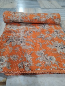 Handmade Kantha Quilt Reversible Cotton Blanket Orange Yellow Multi Color <b>Bedspread</b> Home Decor Gift for Her - Product Image 3