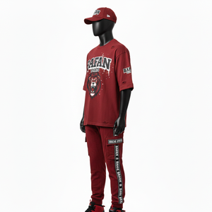 Conjunto de Pantalón y Camiseta Deportiva de Algodón para Hombre, 180 GSM, Tejido Transpirable, Diseño con Paneles Color Granate, Logotipo Serigrafiado, 2 Piezas - Product Image 4