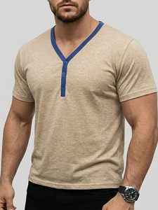 Men's V-Neck Short Sleeve Knitted T-Shirt 100% Cotton Jersey Digital Printed Slim Fit Casual Customizable Blue Summer 200 Grams - Product Image 1