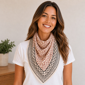 Pañuelo cuadrado de algodón con estampado geométrico étnico, accesorio multifuncional estilo bohemio chic para primavera y otoño - Product Image 1