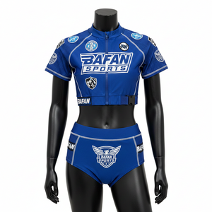 ชุดบิกินี่พรีเมียม 190 GSM ผ้าโพลีเอสเตอร์ผสมสแปนเด็กซ์ สีน้ำเงินรอยัล ผ้าเนื้อยืด ซิปด้านหน้า พร้อมแผ่นโลโก้พิมพ์ลาย สำหรับผู้หญิง - Product Image 6