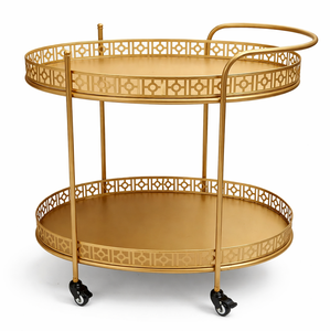 Chariot de bar moderne en métal doré avec roulettes, chariot de service rond à deux niveaux pour la maison, l'hôtel, le restaurant - Product Image 3