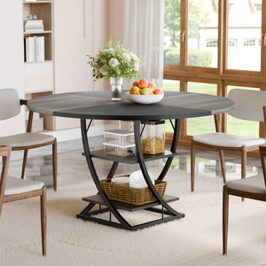 Rustic Farmhouse Round <strong>Dining</strong> <strong>Table</strong> with <strong>2</strong> Tier Storage Shelves Industrial Wood Metal Kitchen <strong>Table</strong> <strong>for</strong> <strong>Dining</strong> Room Living Room - Product Image 2