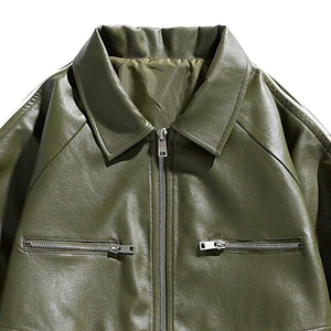Chaqueta de Cuero para Hombre, Estilo Bomber, Cuello Camisero, Cierre de Cremallera, Color Sólido, Manga Regular, Estilo Casual Otoñal - Product Image 4