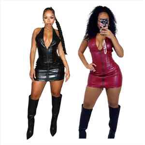 Vestido de Cuero PU sin Mangas con Cierre, Mini Vestido Ajustado para Fiesta, Ropa de Club, Vestido Sexy de Cuero para Mujer - Product Image 5