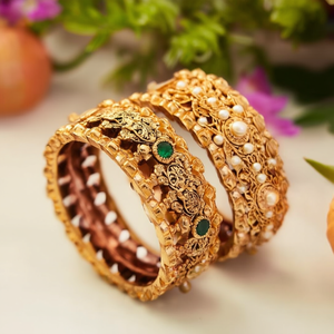 Laxmi Matte Gold Kada <b>Bangles</b> 2x6-Trendy Brass <b>Copper</b> Jade Bracelets with Zircon and Pearl - Product Image 3