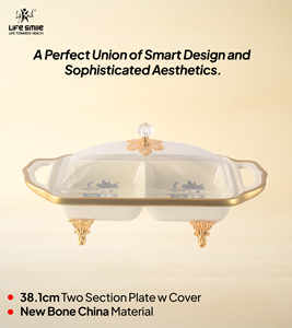Moderno Plato de Servir de Porcelana Blanca de 2 Secciones con Borde Dorado, Tapa Transparente y Base Dorada - Product Image 2