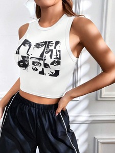 Women's Plus Size <b>White</b> Sleeveless Crop Top with Black Face Print Crew Neck Denim Streetwear Regular Fit Summer Wear Tie-Dye - Product Image 4
