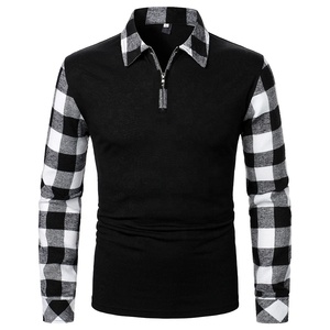<b>Men's</b> Long Sleeve Knitted <b>Polo</b> <b>Shirt</b> Black Plaid Sleeves Zipper Casual Top - Product Image 1