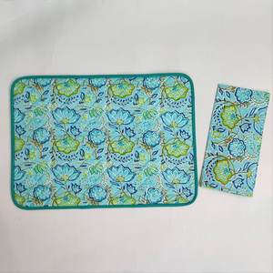 <b>Blue</b> Flower quilted Placemat napkin Block Print fabric <b>table</b> <b>mat</b> easy care machine washable rustic kitchen decor dining <b>mat</b> - Product Image 3