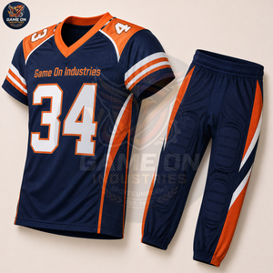 Private Label Navy Blue & Orange Custom American Football Game Uniform OEM ODM High Quality Jersey With Padded Football Pants - Product Image 3