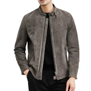 Veste en daim pour homme 2025 – Blouson moto gris respirant en cuir véritable de haute qualité, coupe ajustée, col montant, logo frontal - Product Image 1