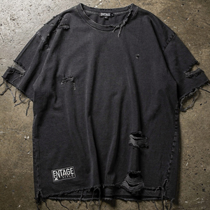 Plus Size Distressed Black Tee Shirt Men Drop Shoulder Tee Shirts Men's Distress Washed T-Shirts Mens Summer Distress Black Tee - Product Image 1