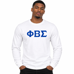 Camiseta Blanca de Manga Larga Phi Beta Sigma con Estampado de Letras Griegas en Azul Rey en el Pecho, Cuello Redondo y Puños Acanalados, Unisex, Fraternidad Griega - Product Image 1