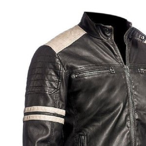 Blouson de moto en cuir véritable noir pour homme, style motard, col montant, fermeture éclair, coupe classique, pour l'automne - Product Image 6