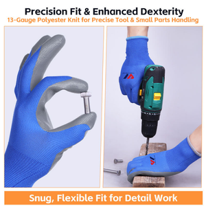 ถุงมือเคลือบไนลอนโพลีเอสเตอร์ไนไตรล์ PU จับกระชับ ระบายอากาศได้ดี น้ำหนักเบา ถุงมือนิรภัยสำหรับงานอิเล็กทรอนิกส์ งานช่าง และงานทั่วไป - Product Image 4