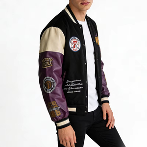 Chaqueta Varsity Fighting Ant para Hombre, Negra, Beige y Morada, de Cuero PU, con Parches Bordados, Diseño Casual para Otoño, con Botones - Product Image 2