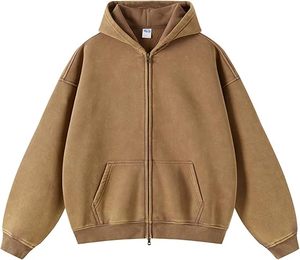 Sudadera con capucha extragrande de algodón vintage con lavado ácido, básica con cremallera para mujer, estilo desgastado, holgada, de manga larga - Product Image 5