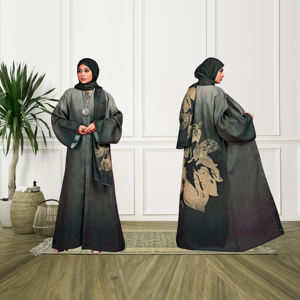 Abaya en lin avec panneau imprimé numérique artistique et foulard assorti – Élégante, modeste, longueur ras du sol, tenue islamique contemporaine pour femme - Product Image 3