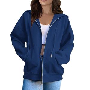 Sweat à capuche zippé décontracté streetwear à manches longues et épaules tombantes pour femme - Product Image 1