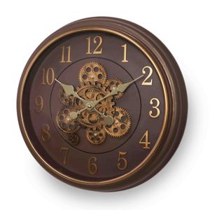 Moving gear wall <b>clock</b> 18 inch brown vintage rustic frame with <b>silent</b> retro gold numbers for cafe home decoration - Product Image 2