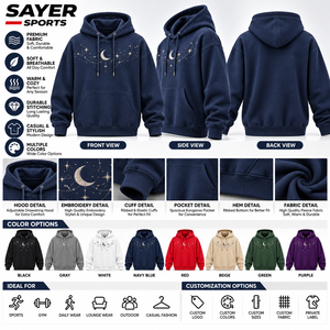 Sudadera con Capucha Bordada Digitalmente con Estrellas y Luna Azul Marino, Sudadera Unisex Premium, Logotipo Personalizado, Forro Polar Transpirable - Product Image 1