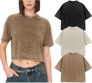 เสื้อยืดแขนสั้นคอกลมทรงครอปสำหรับผู้หญิง สีพื้น ทรงหลวม ผ้าฝ้ายฟอก สไตล์ลำลอง สำหรับฤดูใบไม้ผลิและฤดูร้อน - Product Image 2