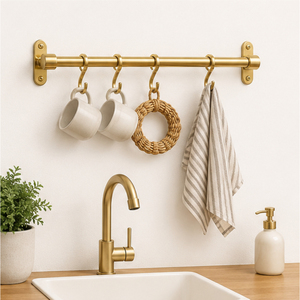 Handmade Luxury Solid Unlacquered Brass Pot Rail with S <b>Hooks</b> Wall Mounted <b>Kitchen</b> Utensil Hanging Organizer Rack for Pots Pans - Product Image 4