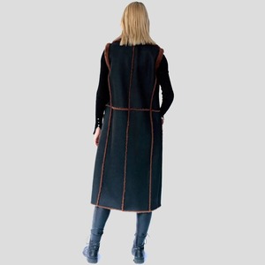 Women <b>Brown</b> Black Curly Merino Shearling Long Vest Genuine <b>Wool</b> Leather Waistcoat - Product Image 2