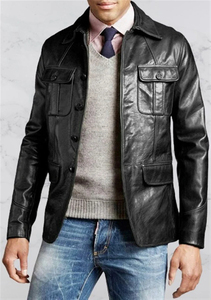 Men Black Leather Jacket Single Breasted Notched Collar Regular Fit Full Length Sleeve Windproof American Style Coat - Product Image 1
