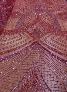 Robe de soirée à paillettes rouges et perles, tissu de luxe, broderie perlée, tissu de mariée avec perles, paillettes, matériaux en dentelle - Product Image 4