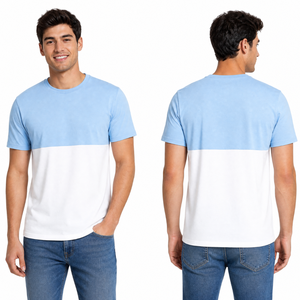 T-shirt pour homme à blocs de couleur personnalisés, décontracté, bicolore bleu clair et blanc, col rond, manches courtes - Product Image 5