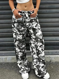 Pantalon en satin camouflage pour femme, taille haute, cordon de serrage, coupe ample, longueur intégrale, décontracté, pour le printemps, motif imprimé avec poches - Product Image 6