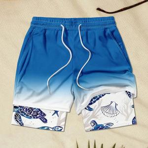 Shorts de bain pour homme, double couche, séchage rapide, tissu tissé, imprimé floral, légers, résistants à l'eau, respirants, avec cordon de serrage à la taille - Product Image 1